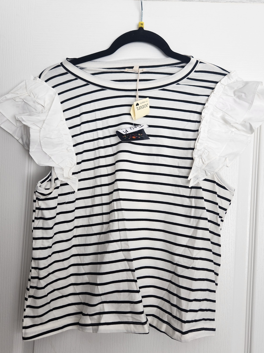 JODIFL White and Black Striped Ruffle Sleeve Top M BNWT